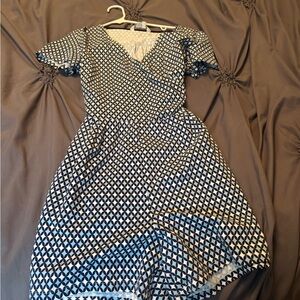 Navy blue, light blue, and white romper with tie waist size 10
